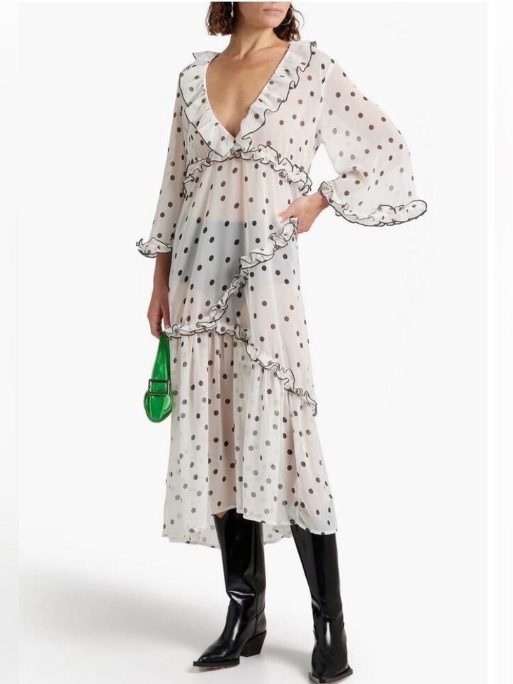 GANNI Ruffled Polka Dot Chiffon Mini Dress EU 34 US 2/4 NWT $300